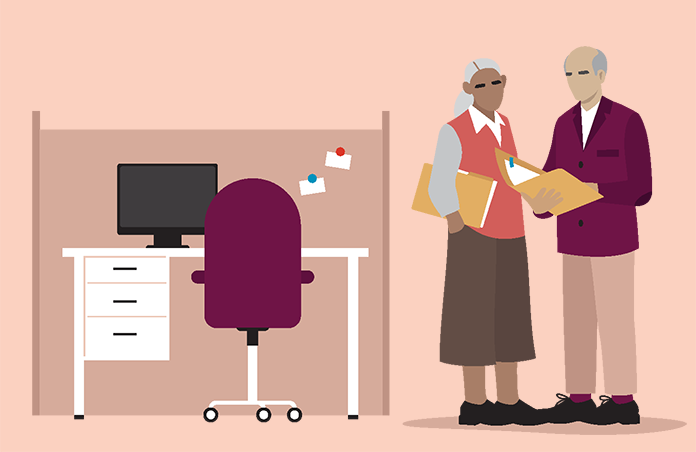 Illustration of two people standing next to a desk holding file folders and discussing papers within them